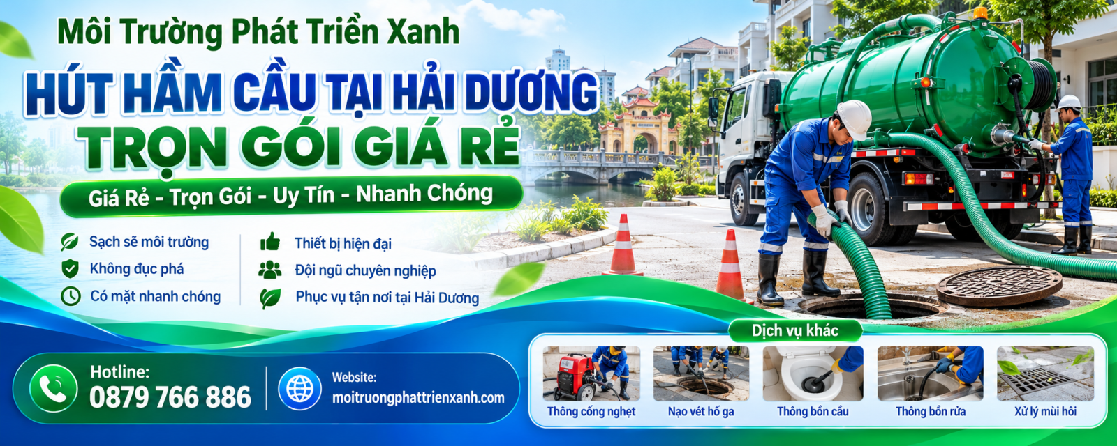 Hút hầm cầu tại Hải Dương trọn gói giá rẻ - xe bồn chuyên dụng đang thi công