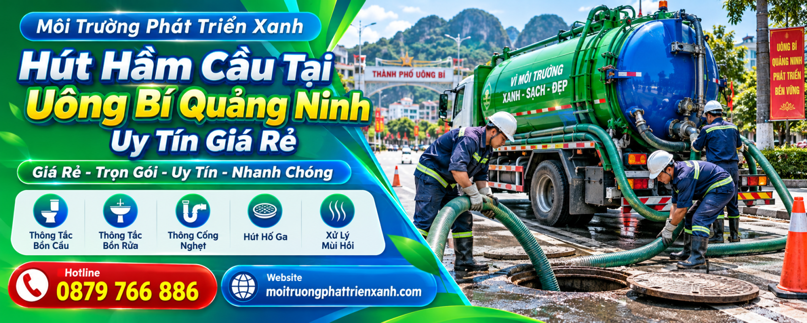Hút Hầm Cầu Tại Uông Bí Quảng Ninh Uy Tín Giá Rẻ - Thi công hút bể phốt bằng thiết bị chuyên dụng và thu gom bùn thải