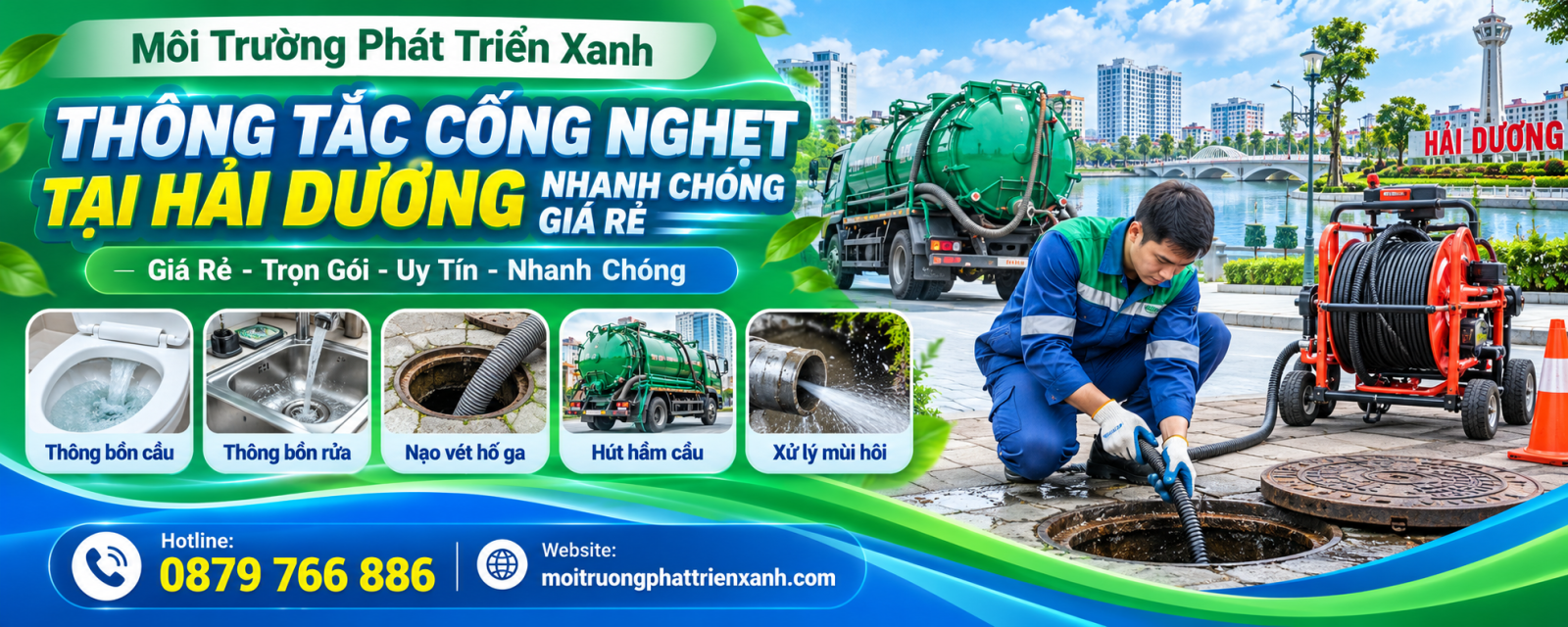 Thông tắc cống nghẹt tại Hải Dương nhanh chóng giá rẻ - kỹ thuật viên đang xử lý đường ống